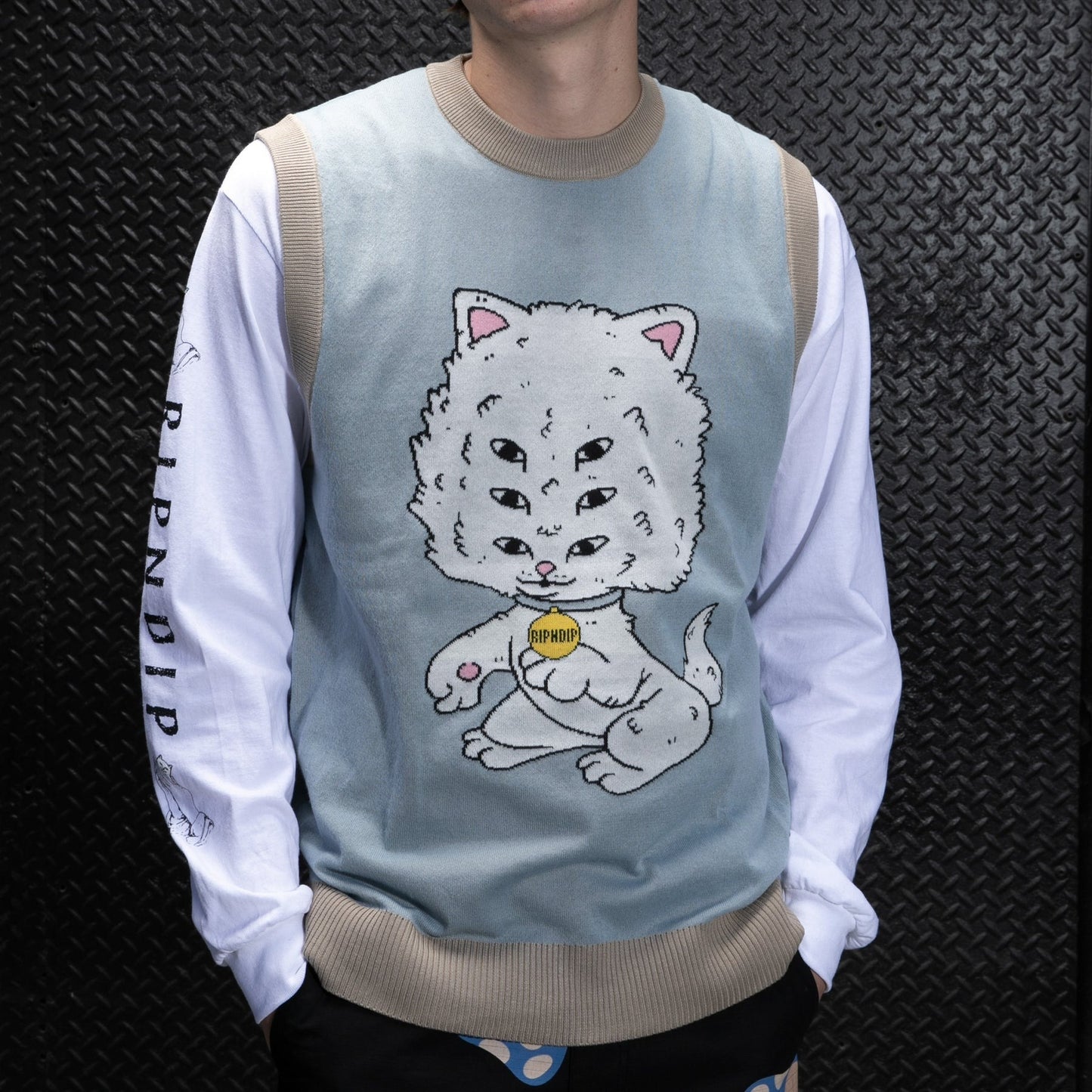 RIPNDIP - Big Head Knit Sweater Vest, Light Slate