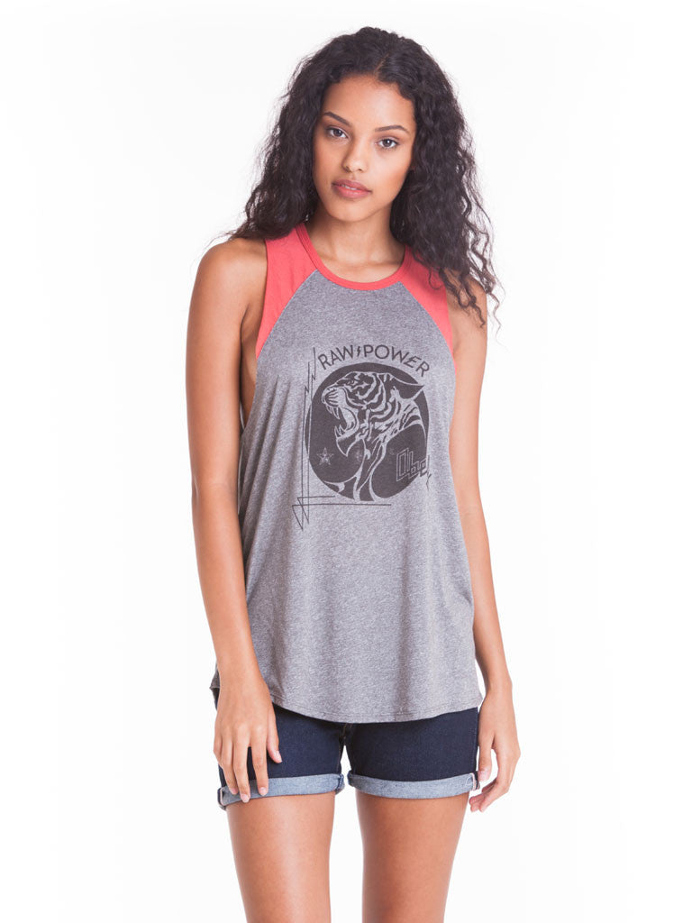 OBEY - Raw Power Tiger Womens Cut Off Raglan, Heather Grey/Red - The Giant Peach