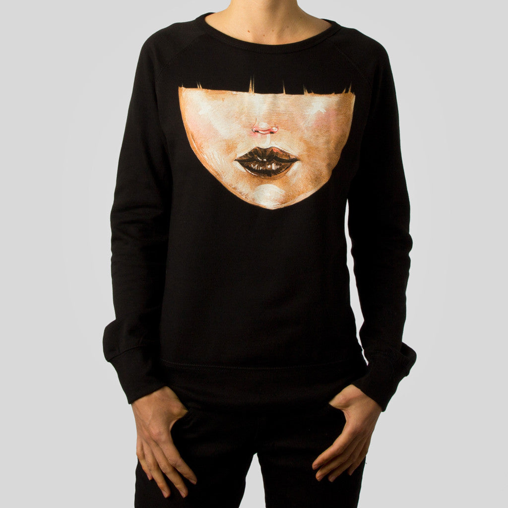 David Choe - Bangs Women's Crewneck, Black - The Giant Peach