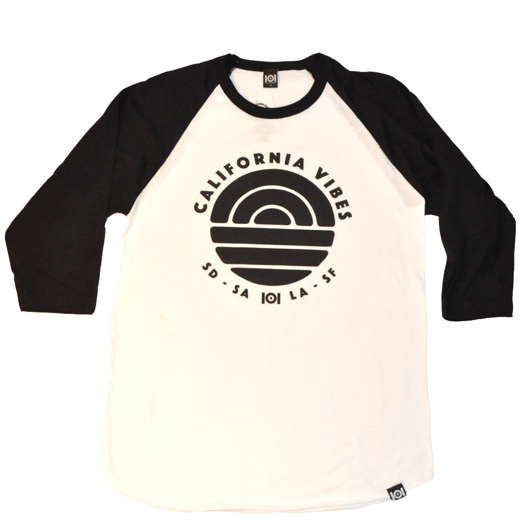 101 Apparel - California Vibes Men's Baseball Tee, White/Black - The Giant Peach
