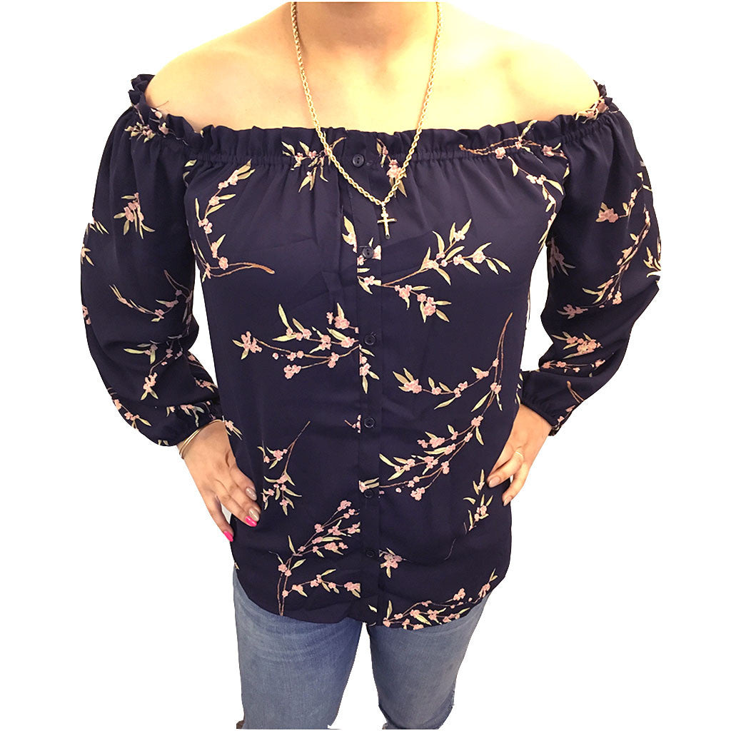 Cherry Blossom Off Shoulder Women's Top, Navy/Pink - The Giant Peach