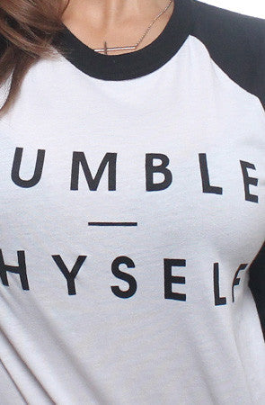 Adapt - Humble Thyself Women's Raglan Tee, White/Black - The Giant Peach