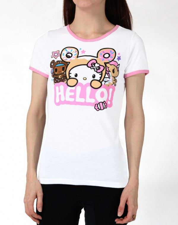 tokidoki x Hello Kitty Say Hello Women's Ringer Tee, White - The Giant Peach