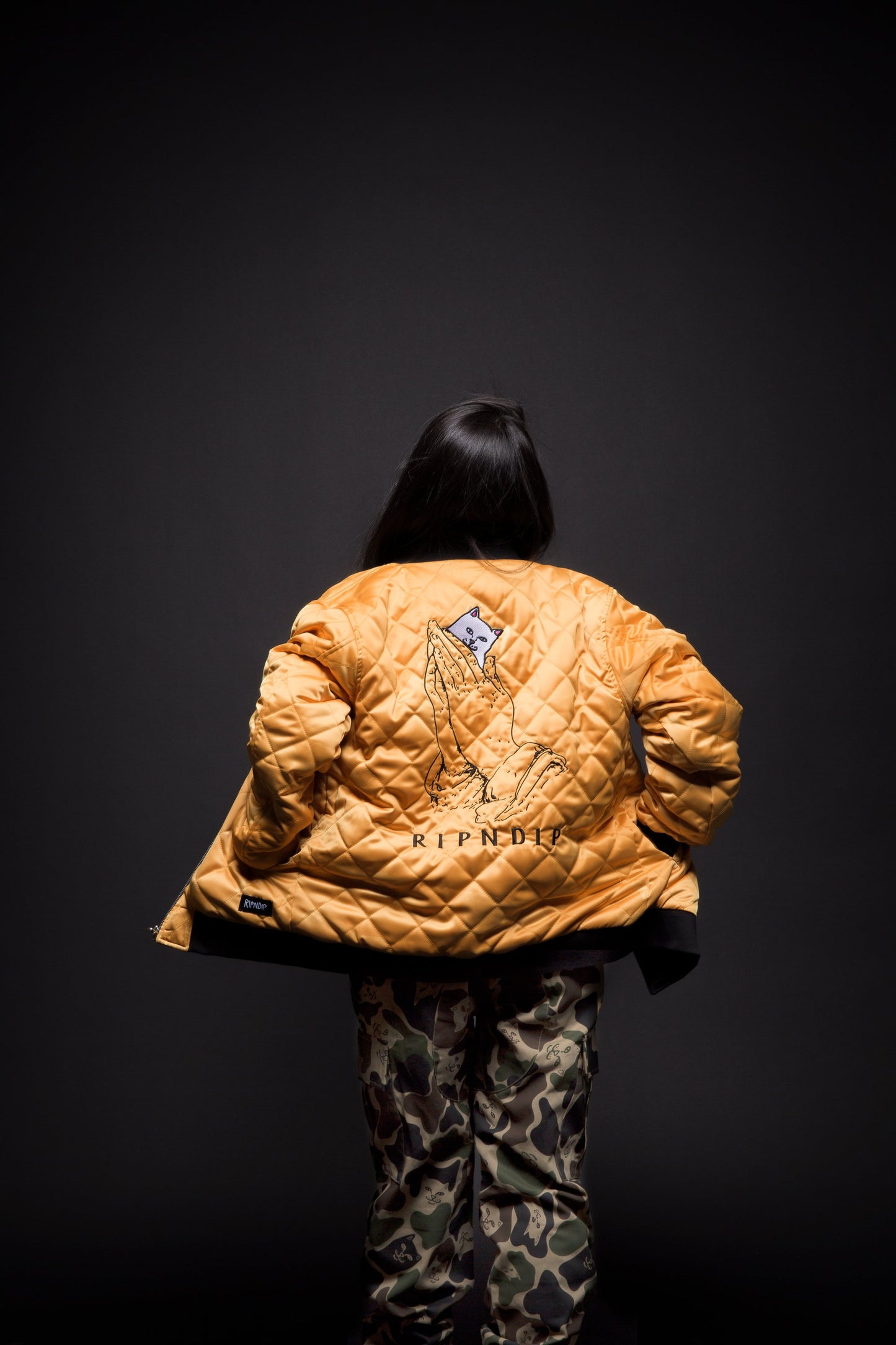 RIPNDIP - Praying For Nermal Men's Quilted Reversible Jacket, Black/Yellow - The Giant Peach