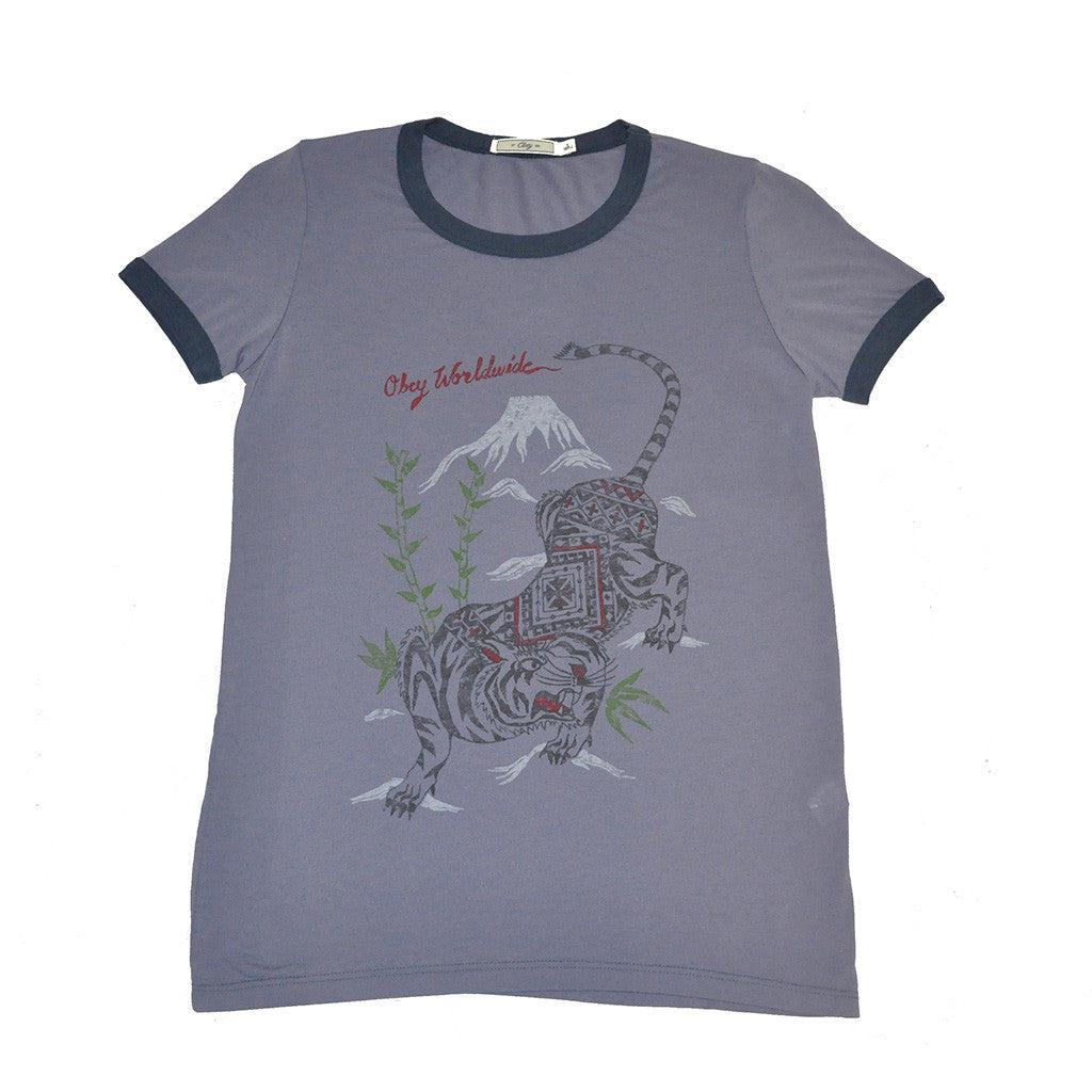 OBEY - Tiger Pattern Women's Ringer Tee, Blue Violet/Navy - The Giant Peach