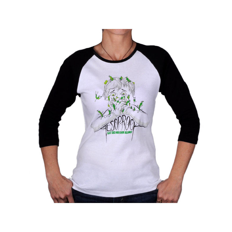 Aesop Rock - Beans Women's Baseball Shirt, White/Black - The Giant Peach