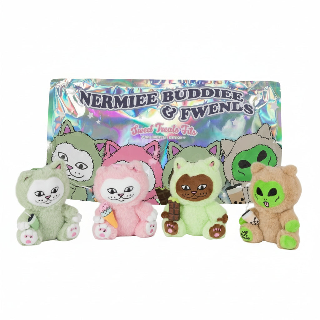 Set of plush toys with a colorful packaging background featuring the brand 'Nermiee Buddie & Fwens'.