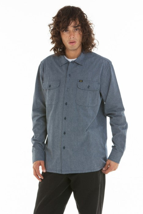 OBEY - Hillstone Men's Woven Button Up Shirt, Navy - The Giant Peach