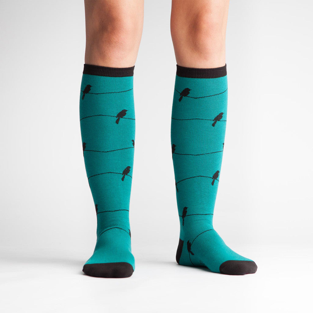 Sock It To Me - Birds on a Wire, Women's Knee Socks, Teal - The Giant Peach