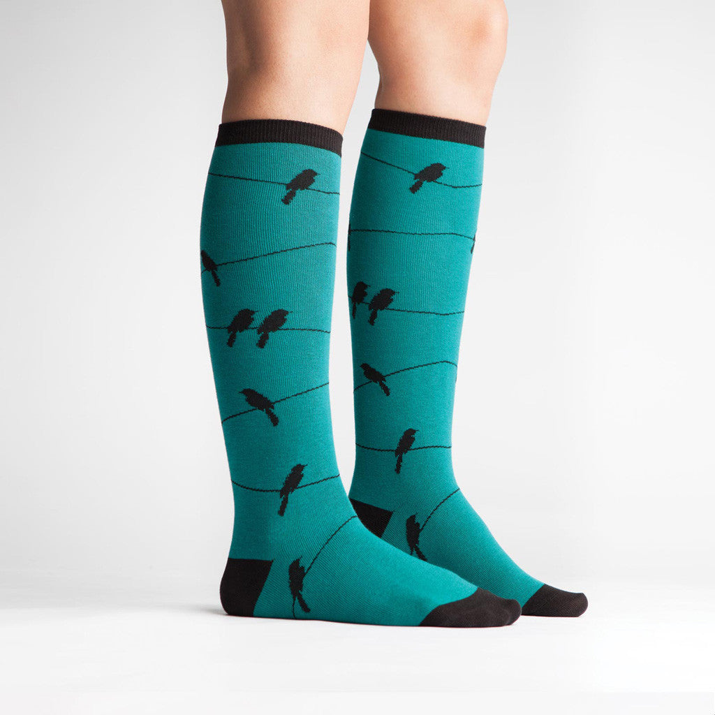 Sock It To Me - Birds on a Wire, Women's Knee Socks, Teal - The Giant Peach