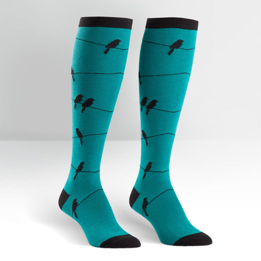 Sock It To Me - Birds on a Wire, Women's Knee Socks, Teal - The Giant Peach