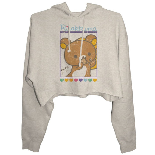 Rilakkuma Cookie Close Up Junior's Crop Hoodie, Heather Oatmeal - The Giant Peach