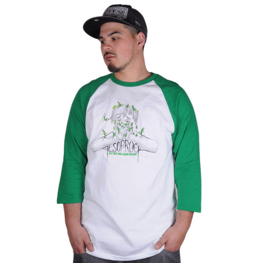 Aesop Rock - Beans Men's Baseball Shirt, White/Green - The Giant Peach