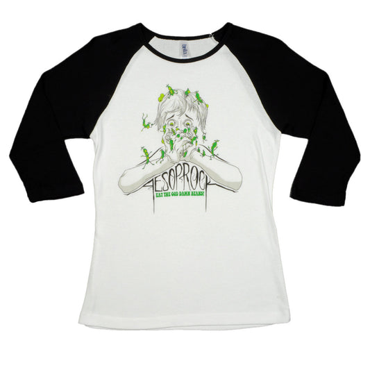 Aesop Rock - Beans Women's Baseball Shirt, White/Black - The Giant Peach