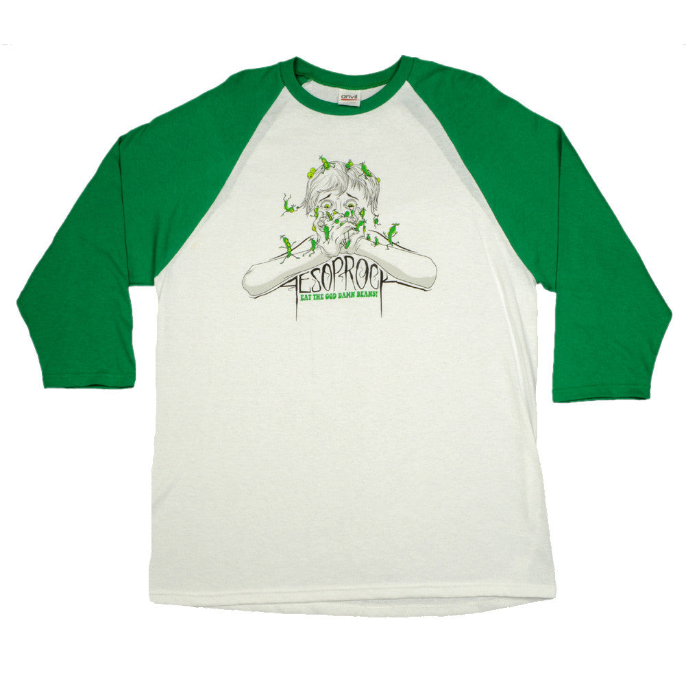 Aesop Rock - Beans Men's Baseball Shirt, White/Green - The Giant Peach
