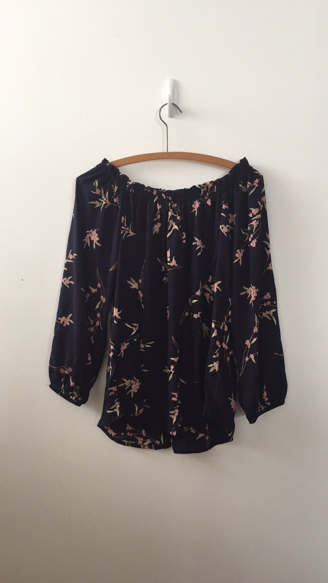 Cherry Blossom Off Shoulder Women's Top, Navy/Pink - The Giant Peach