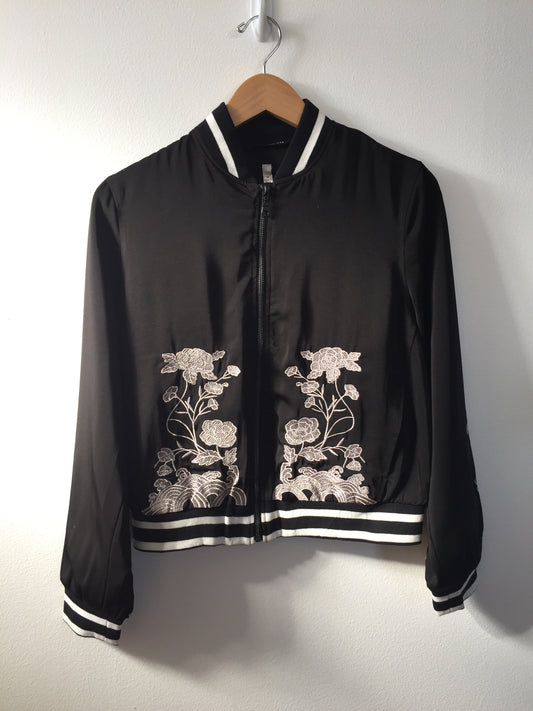 Scratch -  Women's Floral Bomber Jacket, Black and White - The Giant Peach