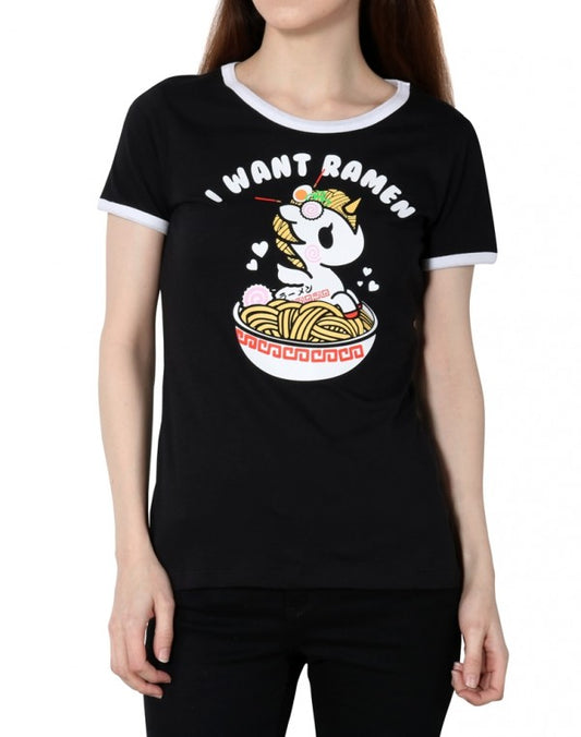 tokidoki - I Want Ramen Women's Ringer Tee, Black - The Giant Peach