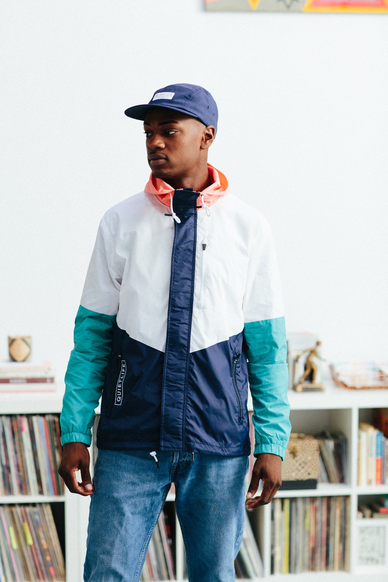 The Quiet Life - Park Men's Windbreaker Jacket, Navy/Coral/White - The Giant Peach