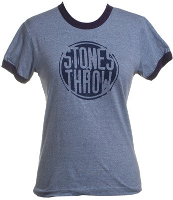 Stones Throw - Women's Distressed Crew RINGER Shirt, Heather Blue/Navy - The Giant Peach
