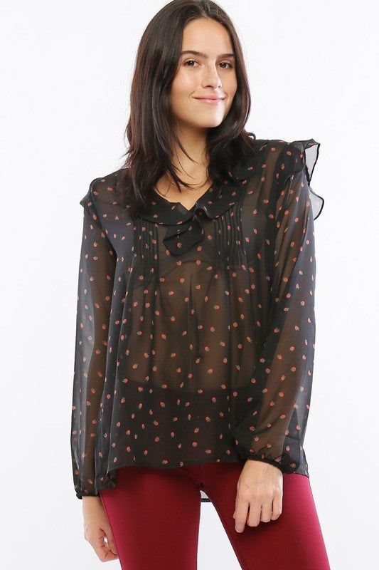 Strawberry Fields Ruffle Chiffon Women's Blouse, Black - The Giant Peach